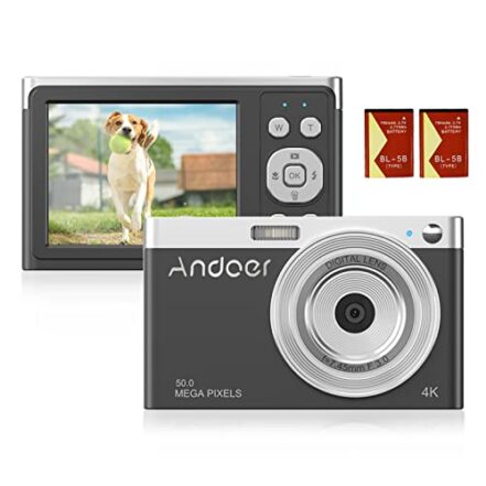 Andoer Câmera digital compacta 4K Filmadora de vídeo 50MP tela IPS 2,88'',foco automático,zoom 16x,face anti-tremor,captura de sorriso,flash integrado com 2 peças,alça pulso Preto - Webiishop