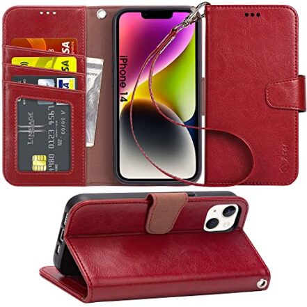 Arae Capa carteira compatível com iPhone 14 com suporte para cartão e alça de pulso para iPhone 14 6,1 polegadas - vinho tinto - Webiishop