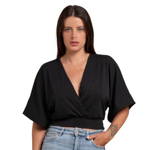 Blusa Manga Morcego Canelada Cropped Slim Plus Size Feminina Decote V - Webiishop