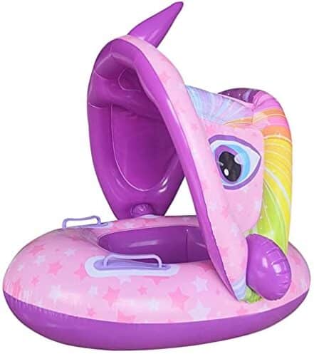 Boia de piscina para bebês com dossel, cama flutuante com apoio de braço, assento de segurança infantil com airbag, anel de natação em formato de desenho animado, adequado para bebês de 1 a 3 anos - Webiishop