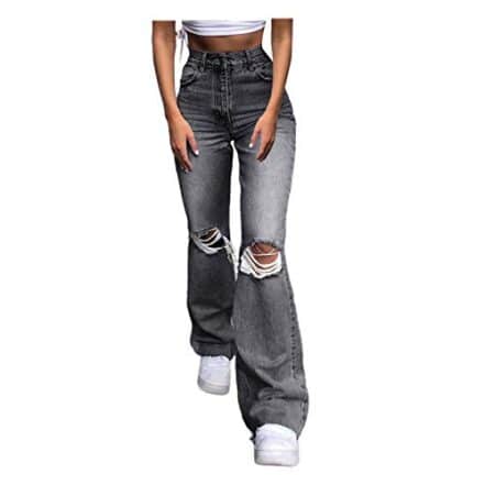 Calça jeans feminina de lavagem escura calça jeans feminina alta com botão na cintura jeans jeans jeans elástico solto reto J - Webiishop
