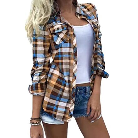 Camisa xadrez feminina casual lapela botão para baixo blusa xadrez manga longa cores brilhantes - Webiishop