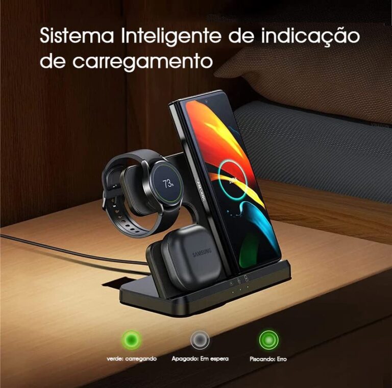 Carregador 3 Em 1 Para Produtos Samsung Sem Fio Wireless rápido Estação de carregamento Dock Linhas S24, S23, S22, S21, S20, Linha Note, Linha Z Flip e Linha Z Fold, Linha Galaxy Watch 6, 4, 3, Active - Webiishop