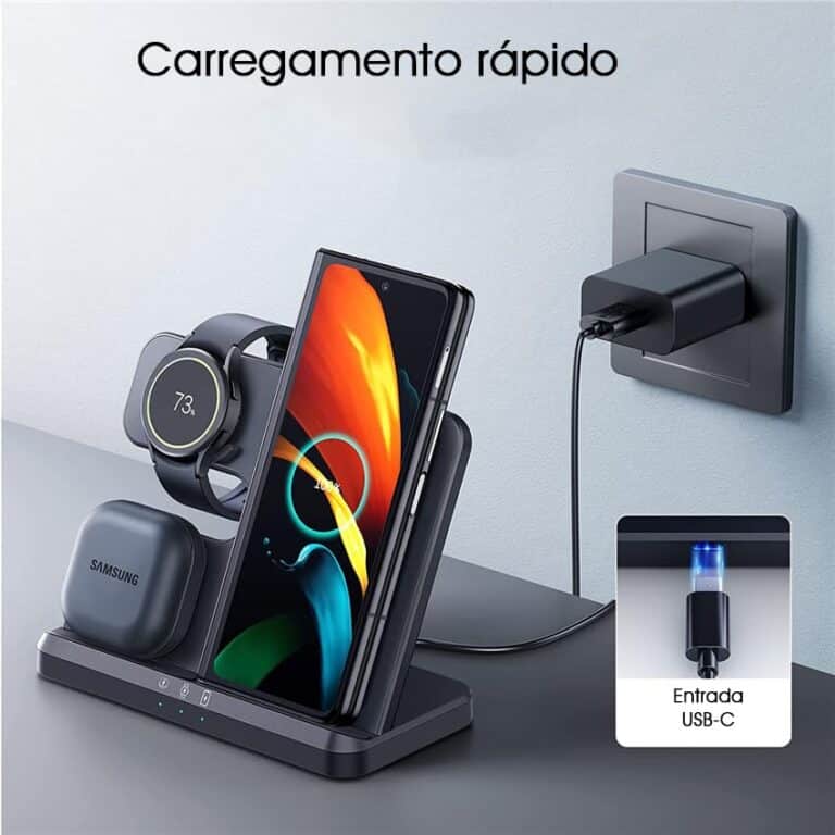Carregador 3 Em 1 Para Produtos Samsung Sem Fio Wireless rápido Estação de carregamento Dock Linhas S24, S23, S22, S21, S20, Linha Note, Linha Z Flip e Linha Z Fold, Linha Galaxy Watch 6, 4, 3, Active - Webiishop