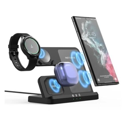 Carregador 3 Em 1 Para Produtos Samsung Sem Fio Wireless rápido Estação de carregamento Dock Linhas S24, S23, S22, S21, S20, Linha Note, Linha Z Flip e Linha Z Fold, Linha Galaxy Watch 6, 4, 3, Active - Webiishop