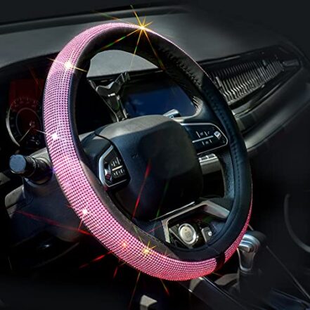 ChuLian Nova capa de volante de couro de diamante com strass de cristal brilhante, ajuste universal, protetor de volante de carro de 38 cm para mulheres e meninas, diamante rosa - Webiishop