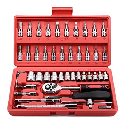 Conjunto com 46 chaves catraca Egofine, soquete de 6,35 mm, com conjunto de soquete métrico e haste de extensão para reparo de automóveis e uso doméstico, com estojo de armazenamento - Webiishop