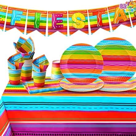Conjunto de artigos de festa temáticos mexicanos Fiesta com 82 peças, incluindo pratos, guardanapos, toalha de mesa e faixa para Cinco de Mayo, dança escolar com tema mexicano, festa temática Fiesta - Webiishop