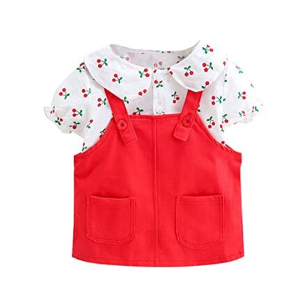 Conjunto de presente elegante para meninas de manga curta com saia jeans com estampa de cerejeira de frutas, saia com alça traseira (vermelho, 12-24 meses) - Webiishop