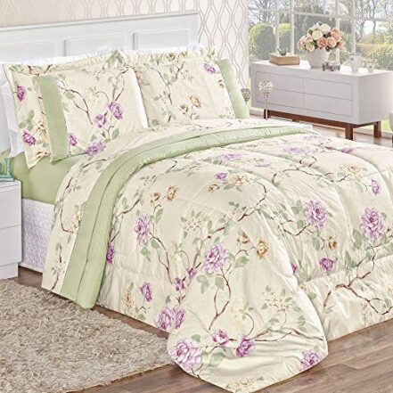 Edredom Casal Naturale Dupla Face Micropercal 200 Fios Floral 3 Peças - Palha Verde - Webiishop