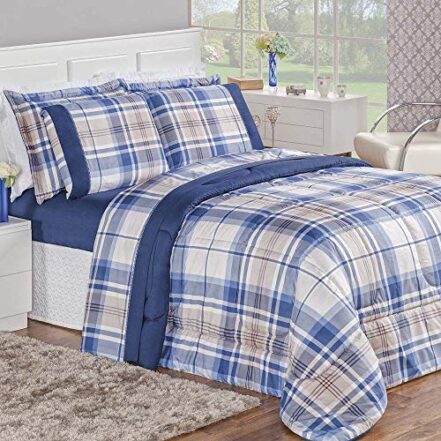 Edredom Casal Naturale Dupla Face Micropercal 200 Fios Xadrez 3 Peças - Azul - Webiishop