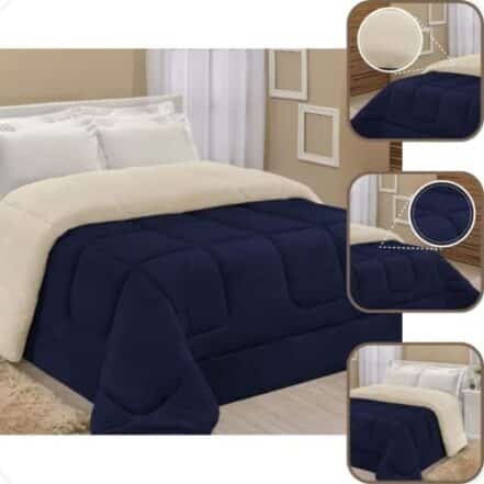 Edredom Sherpa Cobertor E Coberdrom Casal Queen Grosso (Azul Marinho) - Webiishop