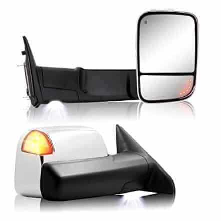 Espelho de reboque para Dodge Ram – Compatível com caminhonete Dodge Ram 2009-2018 1500 2500 3500 com alimentação ajustável de LED de seta com sensor de temperatura (parte traseira cromada) - Webiishop