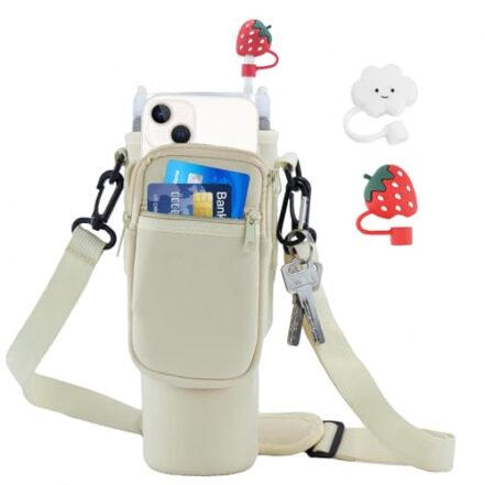 Estilingue para garrafa de água, alça de ombro ajustável, suporte para garrafa de água com 2 capas de palha, porta-copos Stanley para academia, escola, escritório, exterior#Combinação 2 - Webiishop