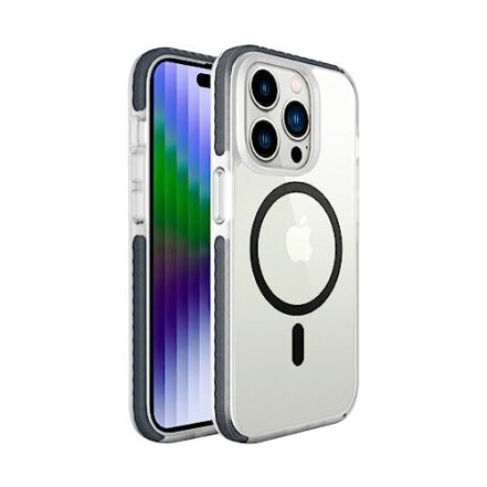 Geonav Capa protetora Impact Pro iPhone 14 Pro, TPU flexível nas extremidades, Compatível com o sistema de imãs MagSafe®, IPI14PSG, Transparente/Cinza Escuro - Webiishop
