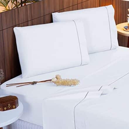 Jogo Lençol Percal 400 Fios Ponto Palito Cama Queen 4 peças (Branco) - Webiishop