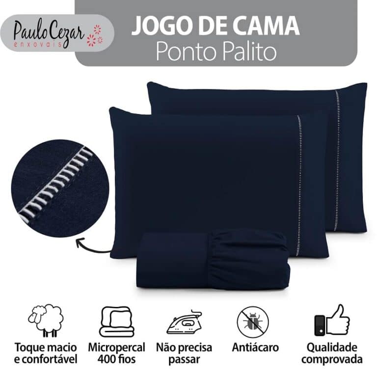 Jogo de Cama Casal Percal 400 Fios Ponto Palito 03 Peças, Antiácaro, Anti-pilling com Toque Macio - Azul Marinho - Webiishop