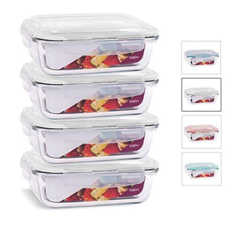 KIT 4 Potes de Vidro Retangular com Tampa Hermética 1040ml Cor:Branco (QH) - Webiishop