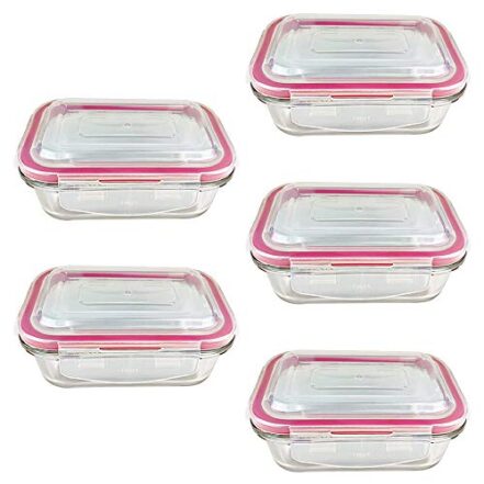 Kit 5 Potes Hermético Vidro Borosilicato Marmita Retangular Tampa 4 Travas Forno Microondas 370ml - Webiishop