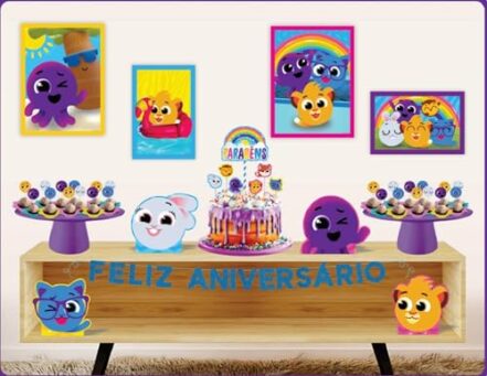 Kit Festa Fácil Bolofofos Painel Bolo Fofos Aniversario Bunny a coelhinha Rick o leãozinho Sophie a gatinha Pow o polvinho e Pipi o bebê corujinha - Webiishop