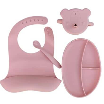 Kit Introdução Alimentar de Bebê em Silicone Livre de Bpa Prato Divisórias e Ventosa Babador de Silicone Colher e Copo com Canudo e Tampa (Rosa-Claro) - Webiishop