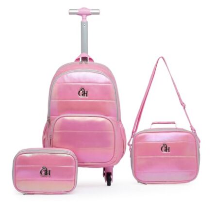 Kit Mochila Rodinha Feminina Lancheira Térmica Estojo Escolar (Rosa) - Webiishop