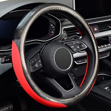 LABBYWAY Nova capa de volante de carro de couro de fibra de carbono, ajuste universal, protetor de roda antiderrapante de 38 cm (vermelho) - Webiishop