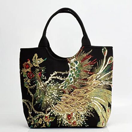 Paquete de hombro para mujer,Henniu Bolsa de ombro feminina pavão bordado brilhante lantejoulas com zíper bolsa de lona bolsa de mão - Webiishop