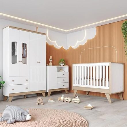 Quarto de Bebê Completo Berço 3 em 1 com Guarda Roupa 4 Portas e Cômoda Retrô Theo Branco/Jequitibá HP - Webiishop