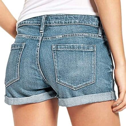 Short jeans feminino cintura alta cintura alta verão macio confortável elástico botão rasgado desgastado casual shorts jeans, Azul-celeste, Large - Webiishop