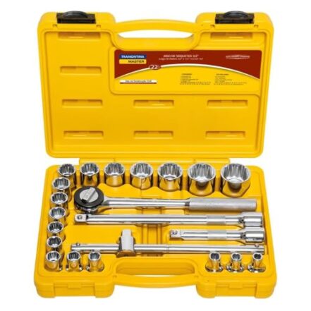 Tramontina 43600022, Maleta Soquetes Estriados e Acessórios Encaixe 1/2, 22 Peças, Amarelo - Webiishop