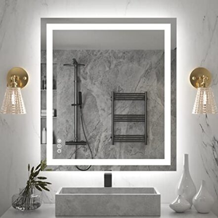 Amorho Espelho de banheiro LED 36 x 32 com iluminação frontal e traseira, espelhos de parede reguláveis Stepless com anti-fogo, à prova de quebra, memória, 3 cores, espelho de vaidade de LED duplo - Webiishop