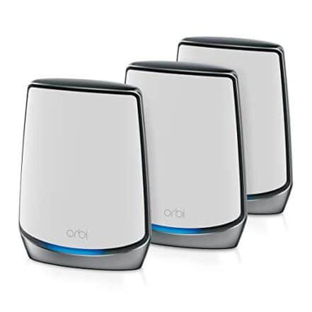NETGEAR Orbi Sistema Wi-Fi de malha tri-band para toda a casa (RBK853) – Roteador com 2 extensores de satélite, cobertura de até 22 metros quadrados, 100 dispositivos, AX6000 (até 6 Gbps) - Webiishop