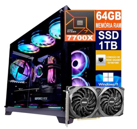 Pc Gamer Cpu Ryzen 7 7700X / SSD 1TB M.2 NVMe / 64GB Memória Ram DDR5 / RTX 4060TI 8GB Nvidia GeForce/Fonte 700W 80 Plus PFC Ativo - Windows 11 - Webiishop
