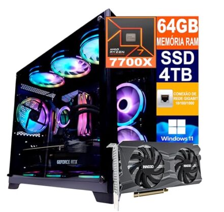 Pc Gamer Cpu Ryzen 7 7700X / SSD 4TB M.2 NVMe / 64GB Memória Ram DDR5 / RTX 3060 8GB Nvidia GeForce/Fonte 700W 80 Plus PFC Ativo - Windows 11 - Webiishop
