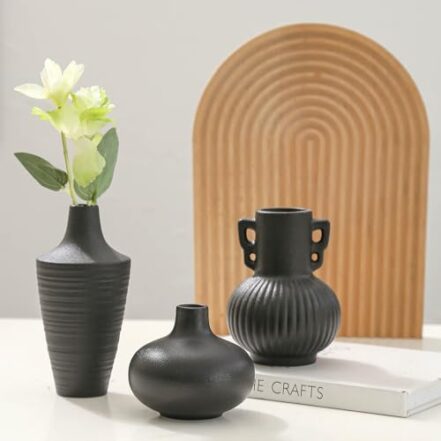 Porceluxe Vasos pretos modernos para decoração – Conjunto de 3 vasos de flores de cerâmica com nervuras para sala de estar, prateleira, estante, lareira, entrada e decoração de mesa - Webiishop