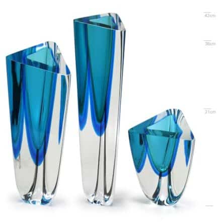 Trio de Vasos Triangulares nº 1, nº 2 e nº 4 Bicolor Verde com Água-marinha Murano Cristais Cadoro - Webiishop