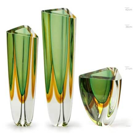 Trio de Vasos Triangulares nº 1, nº 2 e nº 4 Bicolor Verde com Âmbar Murano Cristais Cadoro - Webiishop