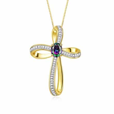 Rylos Colar de cruz de ouro amarelo 14K: pingente de pedra preciosa e diamante, corrente 18, pedra de nascimento de 8 x 6 mm, joias femininas elegantes - Webiishop