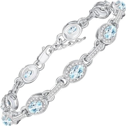Rylos Pulseiras femininas de prata esterlina 925 com pedras preciosas e halo de diamantes ajustáveis para caber em pulsos de 17,78 a 20,32 cm, 9 lindas joias de água-marinha de 6 x 4 mm para amizade - Webiishop